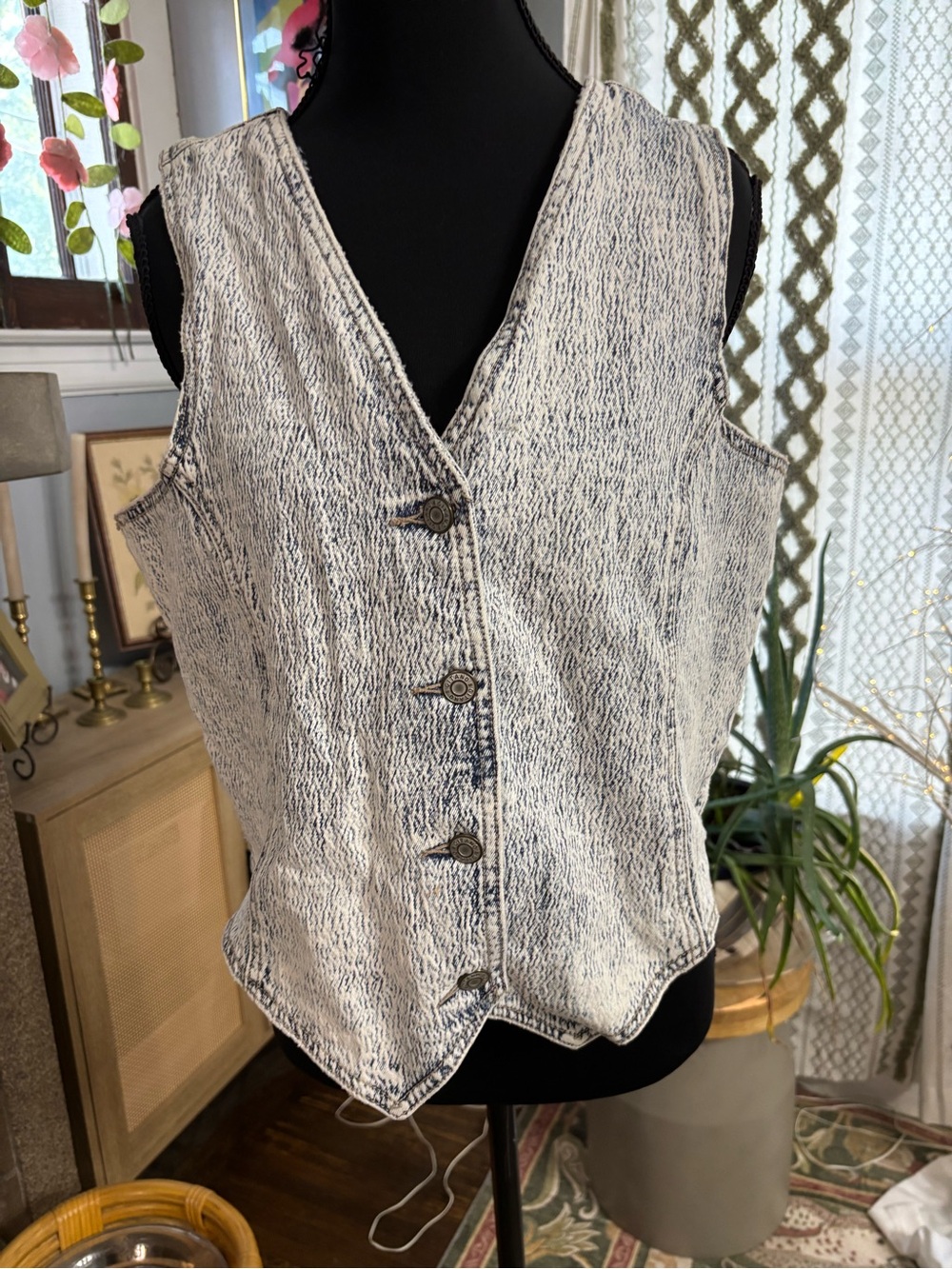 Vtg gitano womens L 80s acid washed bow accent denim jean vest